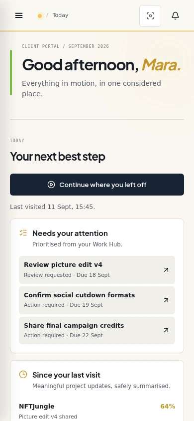 Fictional mobile Client Portal Today screen showing the client's next best step, priority actions and updates since the last visit.